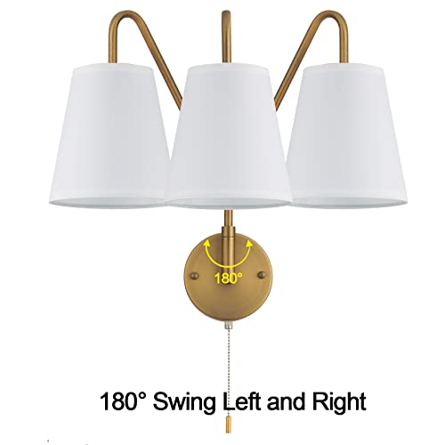 PASSICA DECOR Hardwired Wall Sconces Set of Two 2 Pack with Pull Chain ON Off Matte Black Swing Arm Lighting Modern Vintage Lamp Industrial White Fabric Wall Light for Bedroom Farmhouse Living Room - Image 2