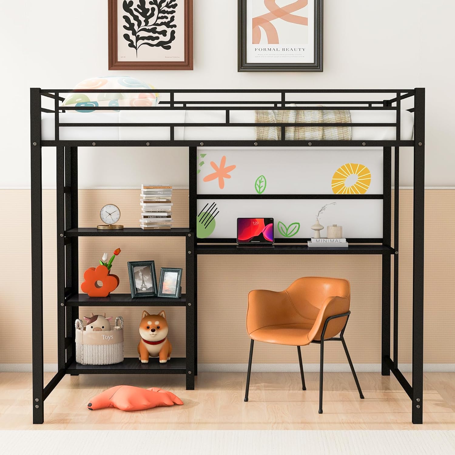 Full Size Metal Loft Bed with Desk, Whiteboard and 3-layer Shelves, Heavy Duty Loftbed w/Storage and Built-in Ladder, for Kids Teens Bedroom Dorm, Black - Image 3
